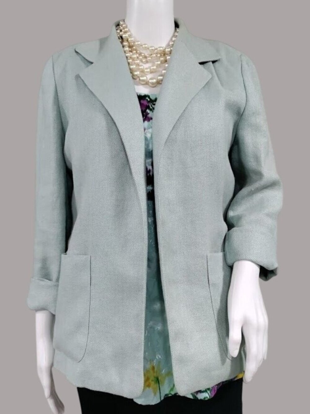 Linda Allard Ellen Tracey Vintage Light Sage Linen Open-Front Blazer 10